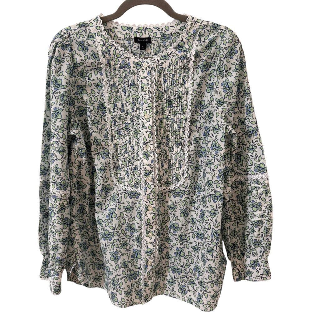 Talbots Scallop Lace Trim Top in Blooming "Daffodils" Floral Size Large - Picture 4 of 11